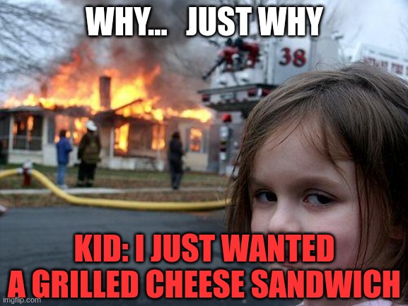 Disaster Girl Meme | WHY...   JUST WHY; KID: I JUST WANTED A GRILLED CHEESE SANDWICH | image tagged in memes,disaster girl | made w/ Imgflip meme maker