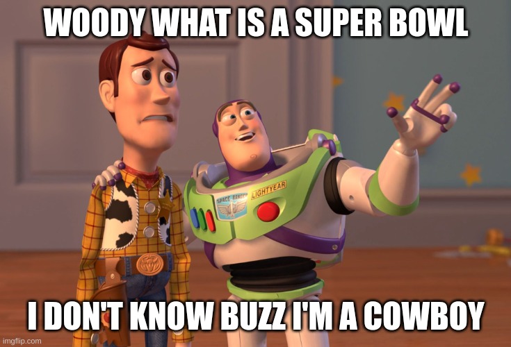 Cowboys suc | WOODY WHAT IS A SUPER BOWL; I DON'T KNOW BUZZ I'M A COWBOY | image tagged in memes,x x everywhere | made w/ Imgflip meme maker