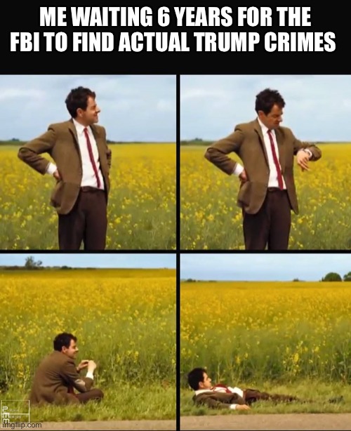 Mr bean waiting | ME WAITING 6 YEARS FOR THE FBI TO FIND ACTUAL TRUMP CRIMES | image tagged in mr bean waiting | made w/ Imgflip meme maker