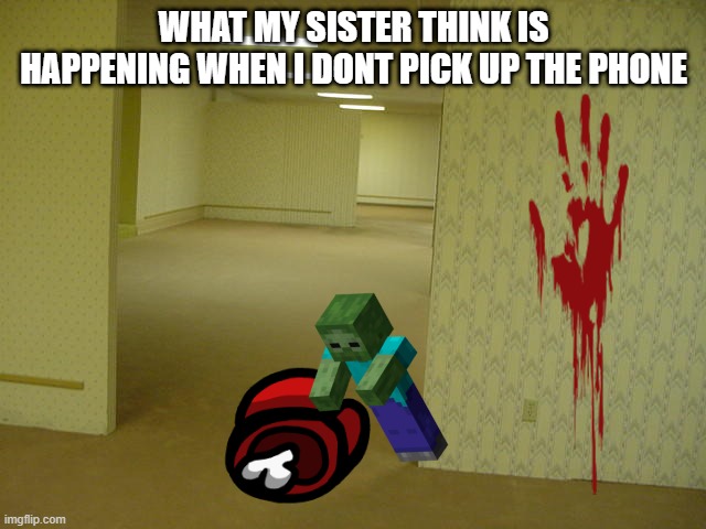 LOL | WHAT MY SISTER THINK IS HAPPENING WHEN I DONT PICK UP THE PHONE | image tagged in the backrooms | made w/ Imgflip meme maker