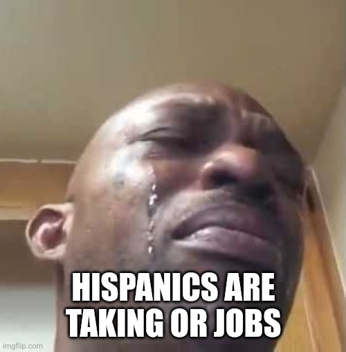 Crying Black Guy | HISPANICS ARE TAKING OR JOBS | image tagged in crying black guy | made w/ Imgflip meme maker