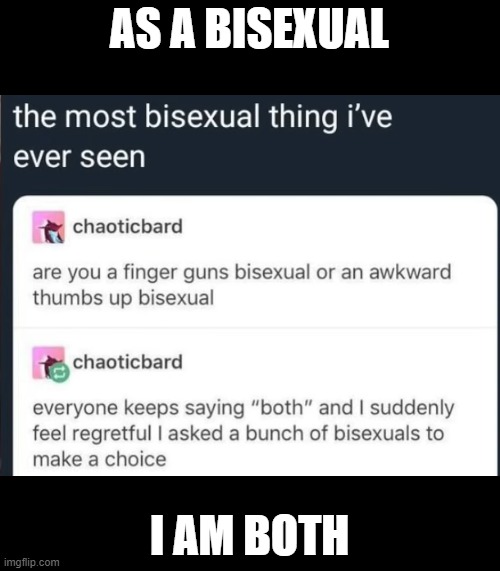 bisexual moment | AS A BISEXUAL; I AM BOTH | made w/ Imgflip meme maker