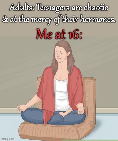 Achievement unlocked: enlightenment | Adults: Teenagers are chaotic & at the mercy of their hormones. Me at 16: | image tagged in meditation,young,stereotype,swing swong you are wrong,asexual | made w/ Imgflip meme maker