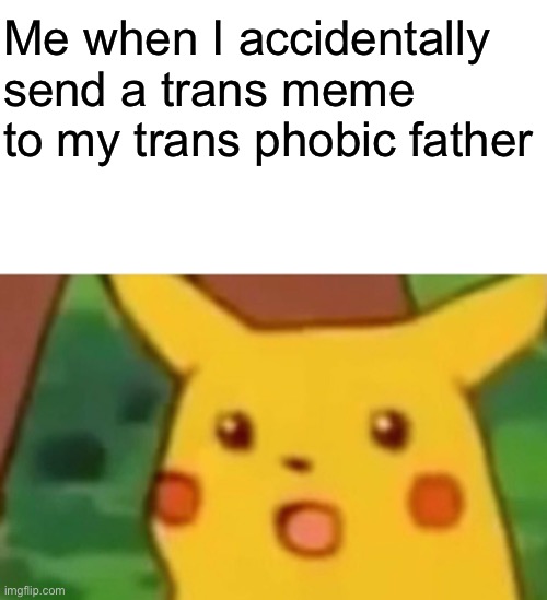 Whoops | Me when I accidentally send a trans meme to my trans phobic father | image tagged in memes,surprised pikachu | made w/ Imgflip meme maker