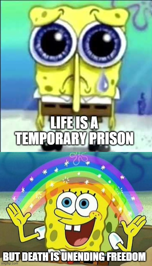 LIFE IS A TEMPORARY PRISON; BUT DEATH IS UNENDING FREEDOM | image tagged in sad spongebob,spongebob rainbow | made w/ Imgflip meme maker