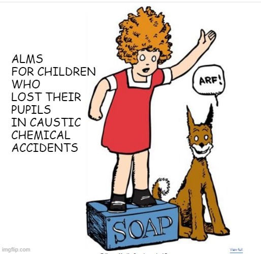 Orphan Annie - Protester | ALMS FOR CHILDREN WHO LOST THEIR PUPILS IN CAUSTIC CHEMICAL ACCIDENTS | image tagged in orphan annie - protester | made w/ Imgflip meme maker