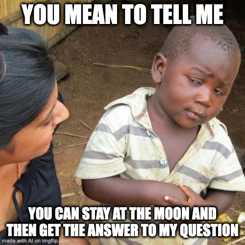 so true! ? | YOU MEAN TO TELL ME; YOU CAN STAY AT THE MOON AND THEN GET THE ANSWER TO MY QUESTION | image tagged in memes,third world skeptical kid | made w/ Imgflip meme maker