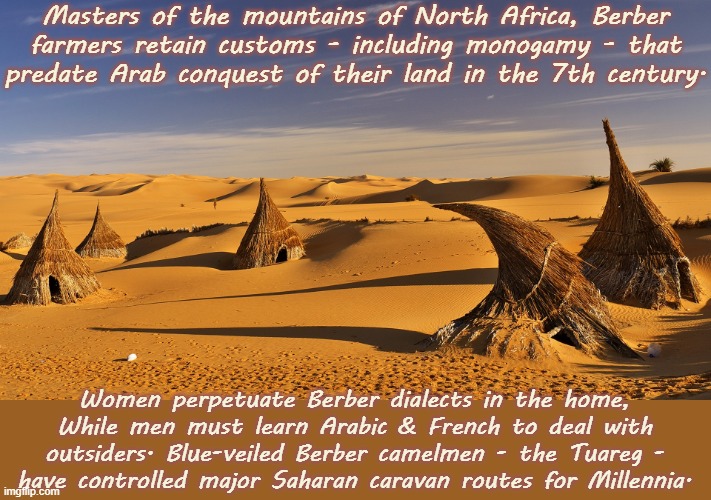 Sahara straw huts | Masters of the mountains of North Africa, Berber
farmers retain customs - including monogamy - that
predate Arab conquest of their land in the 7th century. Women perpetuate Berber dialects in the home, While men must learn Arabic & French to deal with outsiders. Blue-veiled Berber camelmen - the Tuareg -
have controlled major Saharan caravan routes for Millennia. | image tagged in sahara straw huts,desert,traditions,history | made w/ Imgflip meme maker