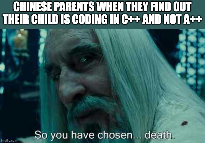 funny | CHINESE PARENTS WHEN THEY FIND OUT THEIR CHILD IS CODING IN C++ AND NOT A++ | image tagged in so you have chosen death | made w/ Imgflip meme maker