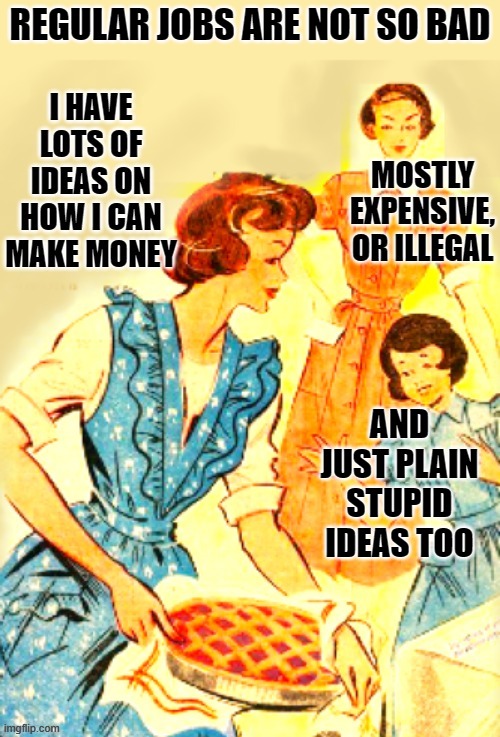 GET A JOB, GET A JOB |  REGULAR JOBS ARE NOT SO BAD; AND JUST PLAIN STUPID IDEAS TOO | image tagged in working,a job,entrepreneur | made w/ Imgflip meme maker