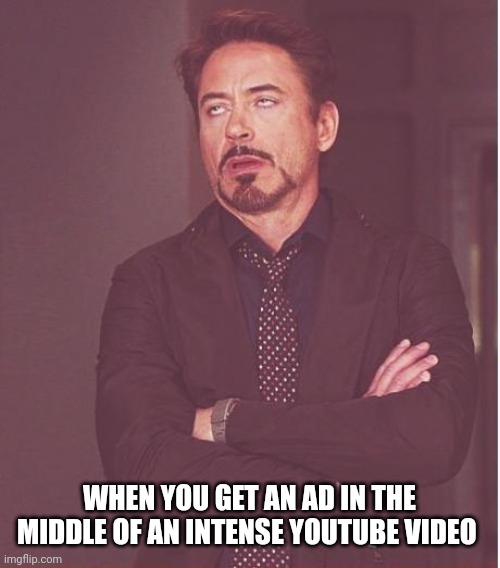 Relatable anyone or just me! | WHEN YOU GET AN AD IN THE MIDDLE OF AN INTENSE YOUTUBE VIDEO | image tagged in memes,face you make robert downey jr | made w/ Imgflip meme maker