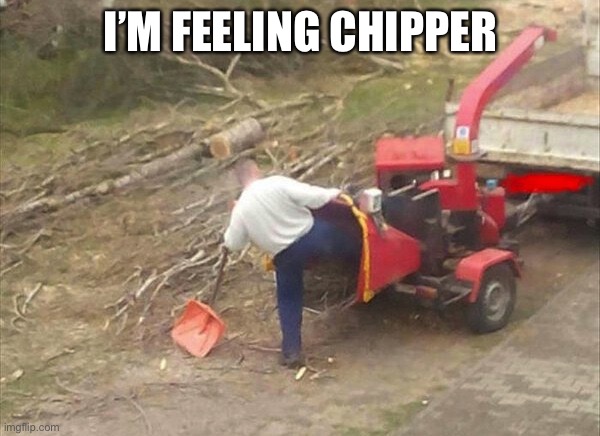 woodchipper fix | I’M FEELING CHIPPER | image tagged in woodchipper fix | made w/ Imgflip meme maker