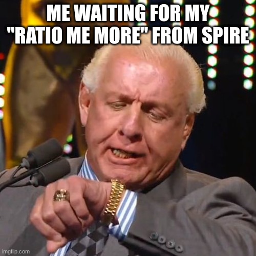 Ric flair looking at his watch | ME WAITING FOR MY "RATIO ME MORE" FROM SPIRE | image tagged in ric flair looks at watch | made w/ Imgflip meme maker