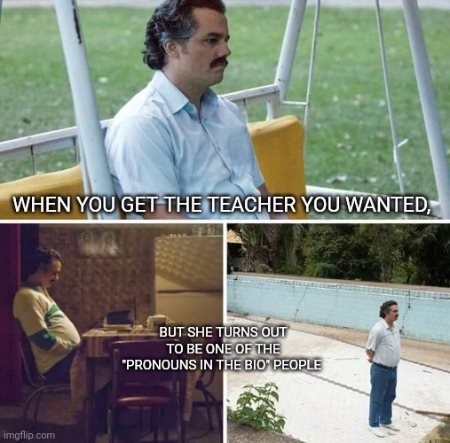 Also my old favorite teacher. I've lost some respect for him. Feels bad, man. | WHEN YOU GET THE TEACHER YOU WANTED, BUT SHE TURNS OUT TO BE ONE OF THE "PRONOUNS IN THE BIO" PEOPLE | image tagged in memes,sad pablo escobar | made w/ Imgflip meme maker