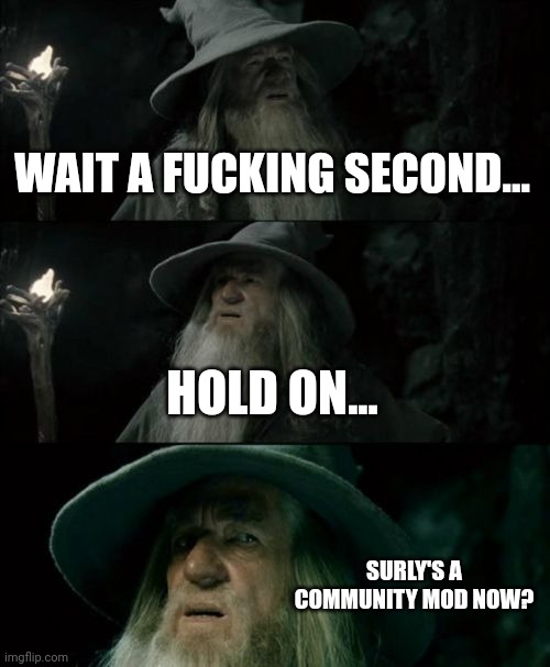 Confused Gandalf Meme | WAIT A FUCKING SECOND... HOLD ON... SURLY'S A COMMUNITY MOD NOW? | image tagged in memes,confused gandalf | made w/ Imgflip meme maker