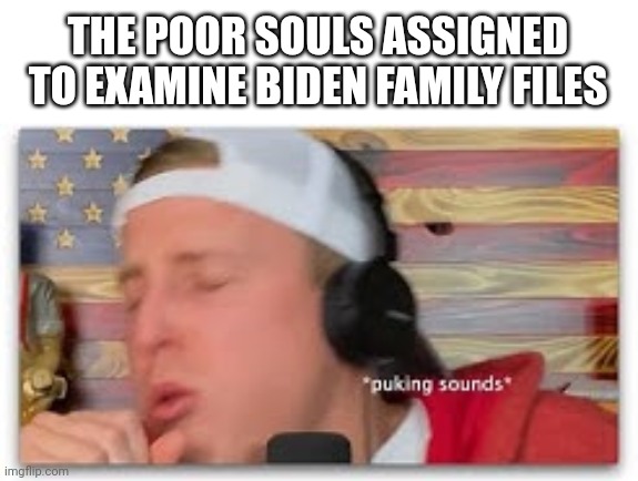 The laptops, the iCloud, the diary... | THE POOR SOULS ASSIGNED TO EXAMINE BIDEN FAMILY FILES | image tagged in memes,puking sounds,biden,corruption | made w/ Imgflip meme maker