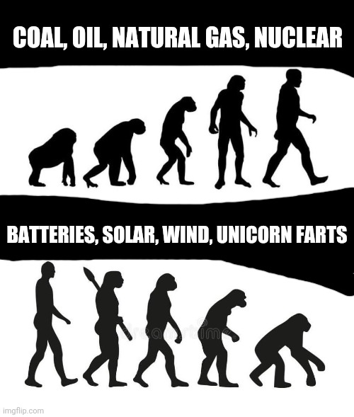 It is that simple | COAL, OIL, NATURAL GAS, NUCLEAR; BATTERIES, SOLAR, WIND, UNICORN FARTS | image tagged in its evolving just backwards | made w/ Imgflip meme maker