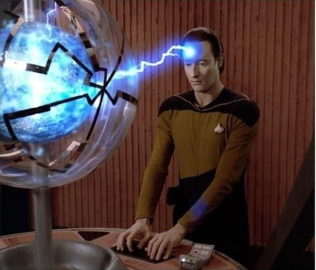 STAR TREK DATA CONNECTED TO THE COMPUTER AND LIGHTNING Blank Meme Template