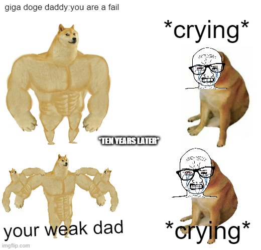 Buff Doge vs. Cheems Meme | giga doge daddy:you are a fail; *crying*; *TEN YEARS LATER*; your weak dad; *crying* | image tagged in memes,buff doge vs cheems | made w/ Imgflip meme maker