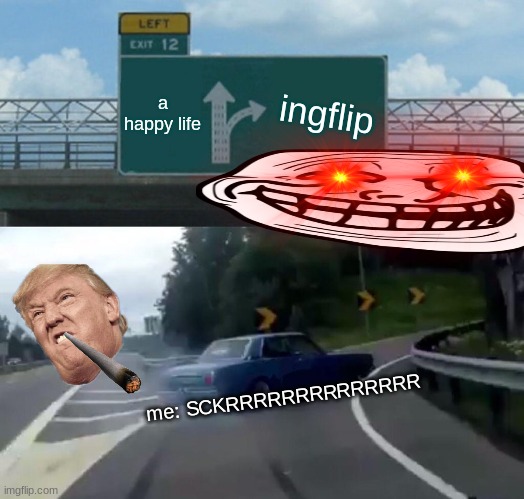 Left Exit 12 Off Ramp Meme | a happy life; ingflip; me: SCKRRRRRRRRRRRRRR | image tagged in memes,left exit 12 off ramp | made w/ Imgflip meme maker