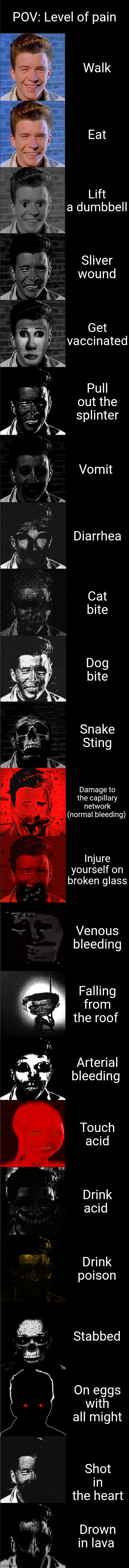 Level of pain | POV: Level of pain; Walk; Eat; Lift a dumbbell; Sliver wound; Get vaccinated; Pull out the splinter; Vomit; Diarrhea; Cat bite; Dog bite; Snake Sting; Damage to the capillary network (normal bleeding); Injure yourself on broken glass; Venous bleeding; Falling from the roof; Arterial bleeding; Touch acid; Drink acid; Drink poison; Stabbed; On eggs with all might; Shot in the heart; Drown in lava | image tagged in rick astley becoming uncanny more extended | made w/ Imgflip meme maker