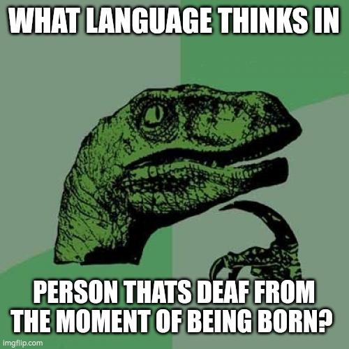 Maybe the sign language? | WHAT LANGUAGE THINKS IN; PERSON THATS DEAF FROM THE MOMENT OF BEING BORN? | image tagged in memes,philosoraptor | made w/ Imgflip meme maker