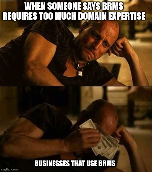 Zombieland money tears | WHEN SOMEONE SAYS BRMS REQUIRES TOO MUCH DOMAIN EXPERTISE; BUSINESSES THAT USE BRMS | image tagged in zombieland money tears | made w/ Imgflip meme maker