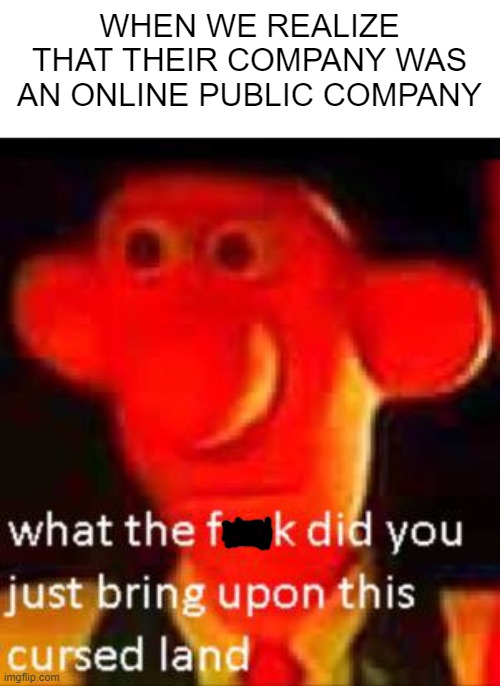 What are we going to a company? It's an online company | WHEN WE REALIZE THAT THEIR COMPANY WAS AN ONLINE PUBLIC COMPANY | image tagged in what the f ck did you bring upon this cursed land,memes | made w/ Imgflip meme maker