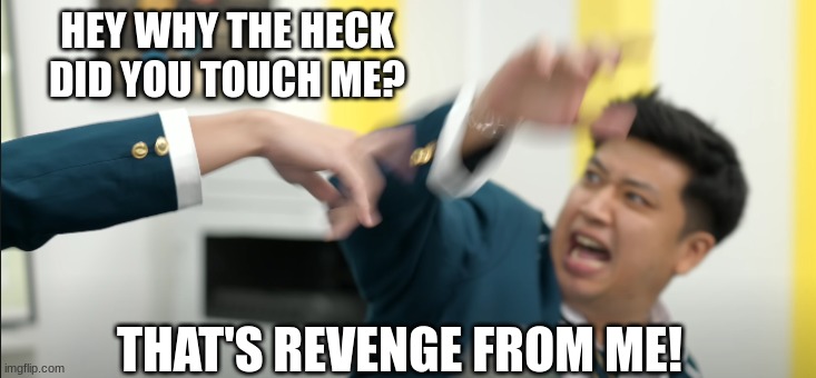 Titan Academy (hakim) | HEY WHY THE HECK DID YOU TOUCH ME? THAT'S REVENGE FROM ME! | image tagged in titanacademy,classt1t5,jianhaotan,vincentsin,ridhwanazman,misssherly | made w/ Imgflip meme maker