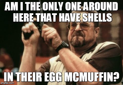 Am I The Only One Around Here Meme | AM I THE ONLY ONE AROUND HERE THAT HAVE SHELLS IN THEIR EGG MCMUFFIN? | image tagged in memes,am i the only one around here | made w/ Imgflip meme maker