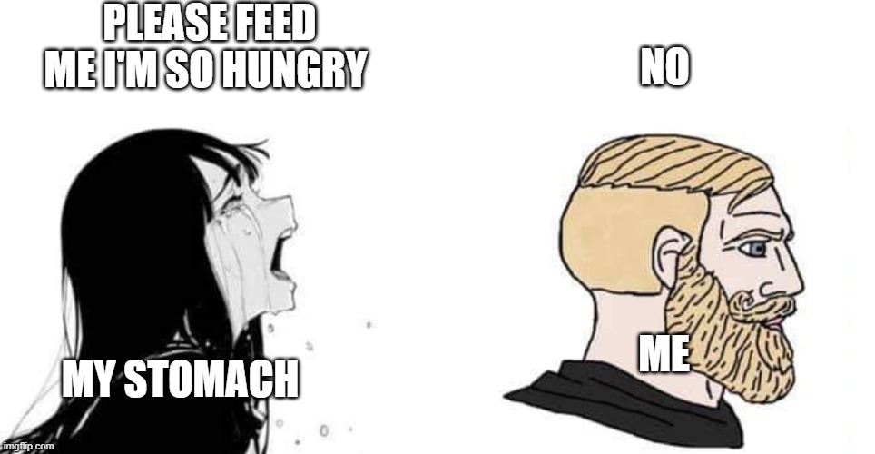 Sorry but appetite.exe has stopped working | PLEASE FEED ME I'M SO HUNGRY; NO; ME; MY STOMACH | image tagged in babe please | made w/ Imgflip meme maker