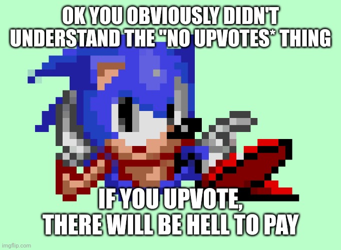 Sonic waiting | OK YOU OBVIOUSLY DIDN'T UNDERSTAND THE "NO UPVOTES* THING; IF YOU UPVOTE, THERE WILL BE HELL TO PAY | image tagged in sonic waiting | made w/ Imgflip meme maker