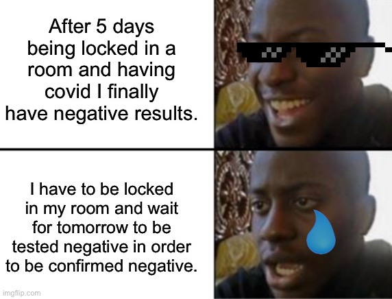 True | After 5 days being locked in a room and having covid I finally have negative results. I have to be locked in my room and wait for tomorrow to be tested negative in order to be confirmed negative. | image tagged in oh yeah oh no,covid-19,true | made w/ Imgflip meme maker