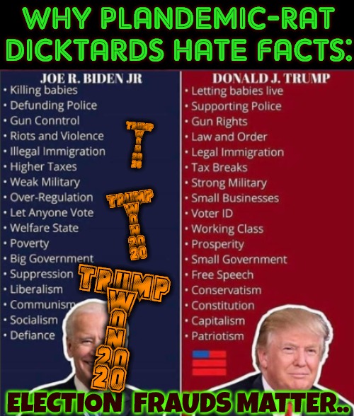 FACTS: Biden's Never Right, Trump's Never Wrong | WHY PLANDEMIC-RAT
DICKTARDS HATE FACTS:; TRUMP
W
O
N
20
20; TRUMP
W
O
N
20
20; TRUMP
W
O
N
20
20; ELECTION  FRAUDS MATTER.. | image tagged in trump won,biden sucks,not my pedophile,election fraud,democratic socialism | made w/ Imgflip meme maker