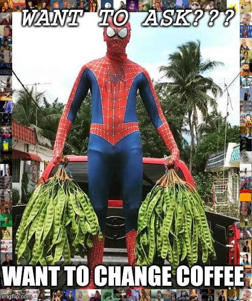 Spiderman | WANT TO ASK??? WANT TO CHANGE COFFEE | image tagged in spiderman harves | made w/ Imgflip meme maker