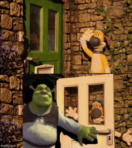 If Shrek was in the world of Shaun the Sheep | image tagged in shaun the sheep door | made w/ Imgflip meme maker