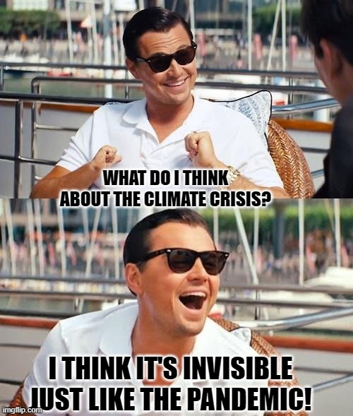 Leonardo Dicaprio Wolf Of Wall Street | WHAT DO I THINK ABOUT THE CLIMATE CRISIS? I THINK IT'S INVISIBLE JUST LIKE THE PANDEMIC! | image tagged in memes,leonardo dicaprio wolf of wall street | made w/ Imgflip meme maker