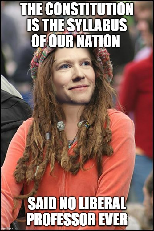 College Liberal Professor | THE CONSTITUTION IS THE SYLLABUS OF OUR NATION; SAID NO LIBERAL PROFESSOR EVER | image tagged in college liberal professor | made w/ Imgflip meme maker