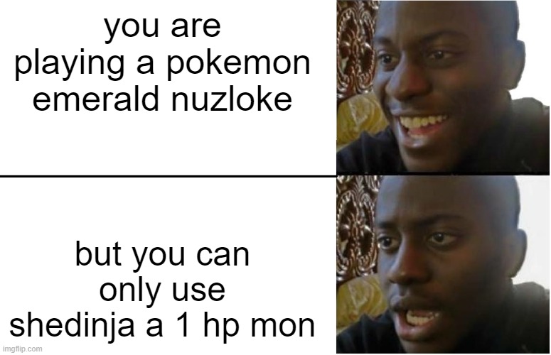 the nuzloke returns for madness | you are playing a pokemon emerald nuzloke; but you can only use shedinja a 1 hp mon | image tagged in disappointed black guy,pokemon,nuzlokes | made w/ Imgflip meme maker