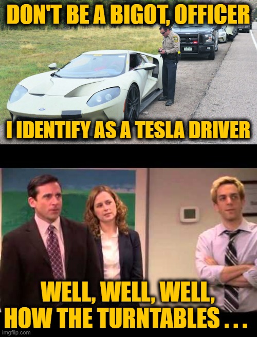 DON'T BE A BIGOT, OFFICER I IDENTIFY AS A TESLA DRIVER WELL, WELL, WELL, HOW THE TURNTABLES . . . | image tagged in super car ticket,well well how the turntables | made w/ Imgflip meme maker