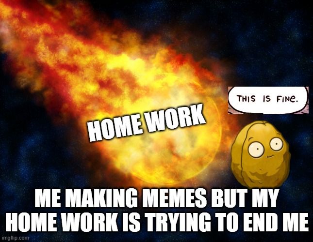 home work | HOME WORK; ME MAKING MEMES BUT MY HOME WORK IS TRYING TO END ME | image tagged in flaming meteor,homework,wall nut | made w/ Imgflip meme maker