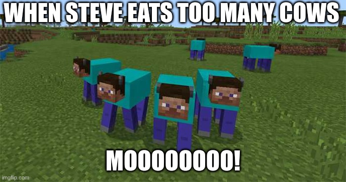 moooo | WHEN STEVE EATS TOO MANY COWS; MOOOOOOOO! | image tagged in funny memes | made w/ Imgflip meme maker
