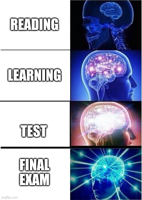 Expanding Brain | READING; LEARNING; TEST; FINAL EXAM | image tagged in memes,expanding brain | made w/ Imgflip meme maker