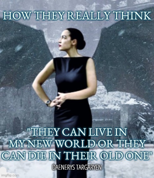 Evils of Socialism | HOW THEY REALLY THINK; "THEY CAN LIVE IN MY NEW WORLD OR THEY CAN DIE IN THEIR OLD ONE"; DAENERYS TARGARYEN | image tagged in aoc targaryen,socialism,democrats,liberals,conservatives,politics | made w/ Imgflip meme maker