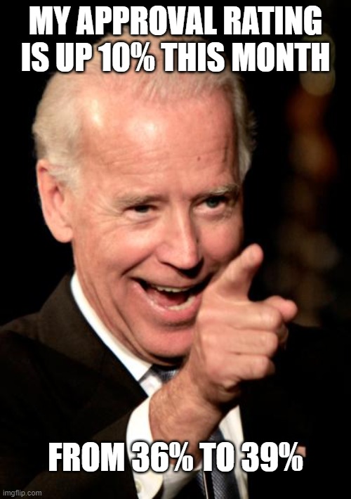 Smilin Biden | MY APPROVAL RATING IS UP 10% THIS MONTH; FROM 36% TO 39% | image tagged in memes,smilin biden | made w/ Imgflip meme maker