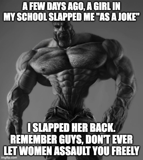 GigaChad | A FEW DAYS AGO, A GIRL IN MY SCHOOL SLAPPED ME ''AS A JOKE''; I SLAPPED HER BACK. REMEMBER GUYS, DON'T EVER LET WOMEN ASSAULT YOU FREELY | image tagged in gigachad | made w/ Imgflip meme maker