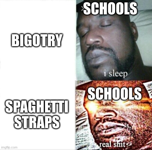 whyyyyyyyyyyyyyy | SCHOOLS; BIGOTRY; SCHOOLS; SPAGHETTI STRAPS | image tagged in memes,sleeping shaq | made w/ Imgflip meme maker