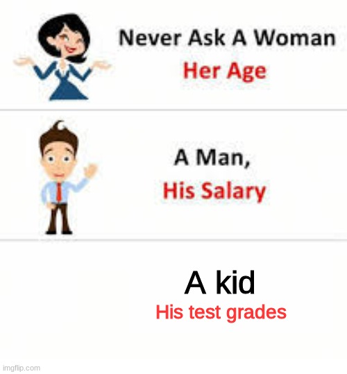Never ask a woman her age | A kid; His test grades | image tagged in never ask a woman her age | made w/ Imgflip meme maker