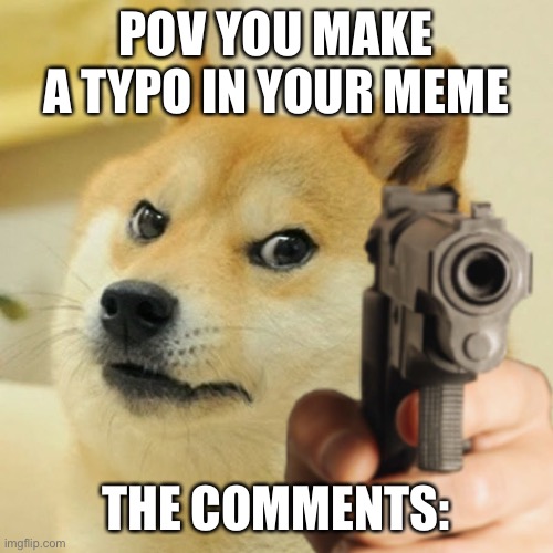 Doge holding a gun | POV YOU MAKE A TYPO IN YOUR MEME; THE COMMENTS: | image tagged in doge holding a gun | made w/ Imgflip meme maker