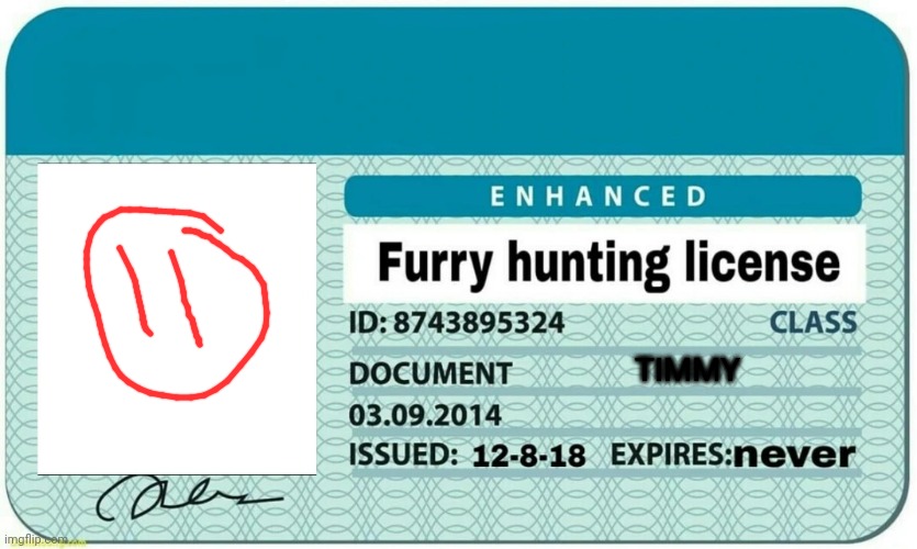 furry hunting license | TIMMY | image tagged in furry hunting license | made w/ Imgflip meme maker